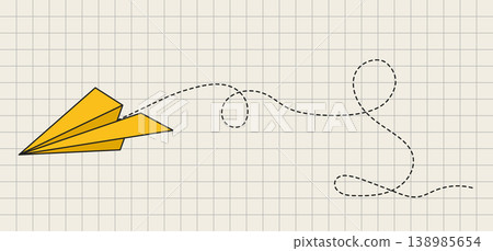 Flying yellow paper airplane. The flight path is indicated by a dotted line. Vector illustration Flying yellow paper airplane. The flight path is indicated by a dotted line. Vector illustration 138985654
