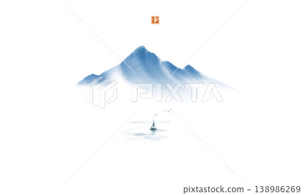 Minimalist sumi-e vector background with misty mountains and a small sailboat on calm water.Traditional Japanese ink wash painting sumi-e. Hieroglyph - happiness. Minimalist sumi-e vector background with misty mountains and a small sailboat on calm water.Traditional Japanese ink wash painting sumi-e. Hieroglyph - happiness. 138986269