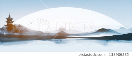 Simple blue minimalist japanese sumi-e landscape with a pagoda, misty mountains, big sun and serene water reflections. Hieroglyph - peace Simple blue minimalist japanese sumi-e landscape with a pagoda, misty mountains, big sun and serene water reflections. Hieroglyph - peace 138986285