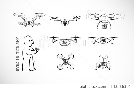 Doodle-style vector of drones with cameras, a remote control, and a drone operator on white background 138986305