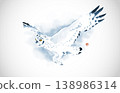 Minimalist ink painting of flying owl with bright yellow eyes in blue tones on white background. Traditional oriental ink painting sumi-e, u-sin, go-hua. Hieroglyph - silence 138986314