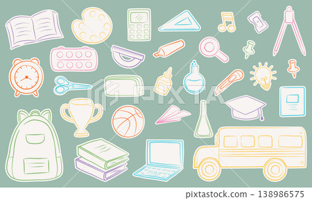 School stickers set with education icons and stationery elements School stickers set with education icons and stationery elements 138986575