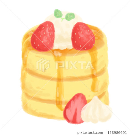 An illustration of thick, fluffy strawberry pancakes. An illustration of thick, fluffy strawberry pancakes. 138986691