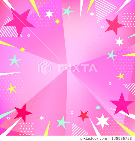時尚亮麗的粉紅色波普背景。由點、條紋、三角形和匯聚線組成的漸變圖案。正方形。 時尚亮麗的粉紅色波普背景。由點、條紋、三角形和匯聚線組成的漸變圖案。正方形。 138986738