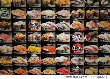 Japanese food culture: A list of sushi types and prices. 138986861