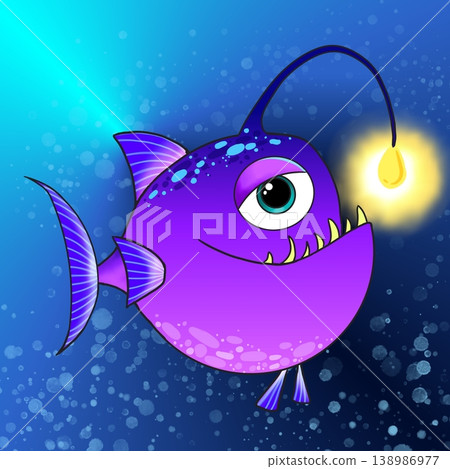 A cute purple hand-drawn anglerfish with a glowing lure on a blue underwater background. A cute purple hand-drawn anglerfish with a glowing lure on a blue underwater background. 138986977