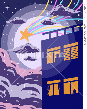 夜幕下的城堡城市景觀,有雲、星空和月良牙的建築。 夜幕下的城堡城市景觀,有雲、星空和月良牙的建築。 138987046
