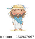 A charming cartoon style shepherd with a soft expression, wearing a simple robe, hat, and blue scarf, standing barefoot on sandy ground 138987067