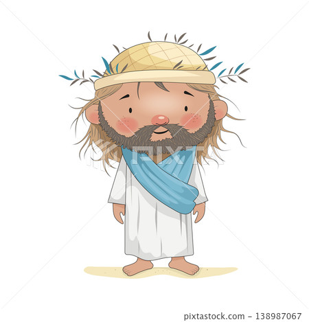 A charming cartoon style shepherd with a soft expression, wearing a simple robe, hat, and blue scarf, standing barefoot on sandy ground A charming cartoon style shepherd with a soft expression, wearing a simple robe, hat, and blue scarf, standing barefoot on sandy ground 138987067