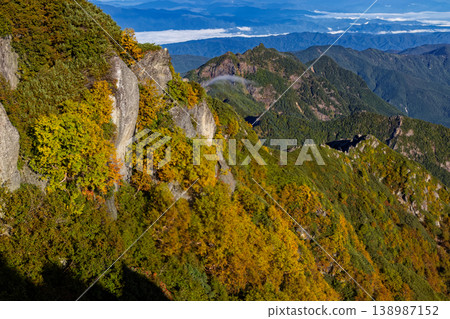 Autumn foliage along the ridgeline and Nokogiridake as seen from the upper part of the Kuroto Ridge of Kai-Komagatake. Autumn foliage along the ridgeline and Nokogiridake as seen from the upper part of the Kuroto Ridge of Kai-Komagatake. 138987152