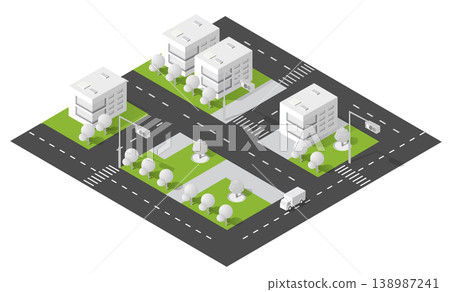 Isometric city planning showing residential buildings and delivery truck 138987241