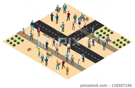 City community with people walking and interacting 138987246