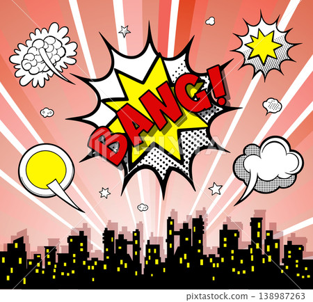 Colorful city skyline with comic book style speech bubbles Colorful city skyline with comic book style speech bubbles 138987263