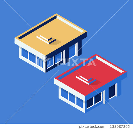 Modern isometric buildings showing rooftop access with stairs 138987265
