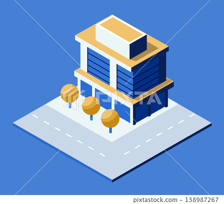 Modern office building with trees and road in isometric view Modern office building with trees and road in isometric view 138987267