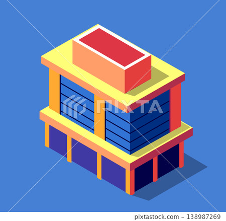 Colorful isometric building with red rooftop on blue background Colorful isometric building with red rooftop on blue background 138987269
