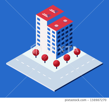 Modern isometric building with red roof and trees along street Modern isometric building with red roof and trees along street 138987270