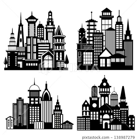 Four black and white city skylines representing urban centers Four black and white city skylines representing urban centers 138987279