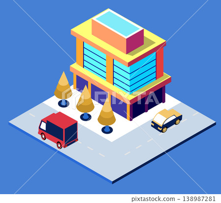 Modern isometric building with swimming pool, cars, and delivery truck 138987281