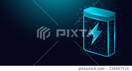 Low poly wireframe digital battery icon with lightning bolt. 138987510