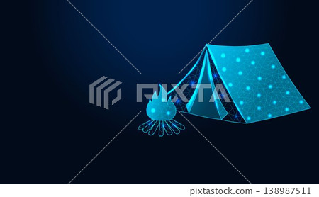 Low poly wireframe camping tent and campfire icon. 138987511