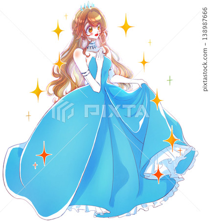 身穿藍色禮服、閃閃發光的公主。 身穿藍色禮服、閃閃發光的公主。 138987666