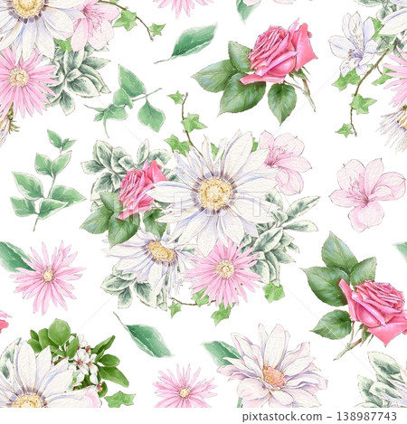 Watercolor illustration of a seamless pattern of delicate flowers and leaves, roses, and daisies. Hand-drawn. Watercolor illustration of a seamless pattern of delicate flowers and leaves, roses, and daisies. Hand-drawn. 138987743