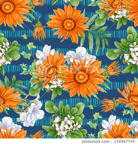 Watercolor illustration of a seamless pattern of delicate flowers and leaves, roses, and daisies. Hand-drawn. Watercolor illustration of a seamless pattern of delicate flowers and leaves, roses, and daisies. Hand-drawn. 138987745