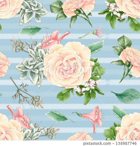 Watercolor illustration of a seamless pattern of delicate flowers and leaves, roses, and daisies. Hand-drawn. Watercolor illustration of a seamless pattern of delicate flowers and leaves, roses, and daisies. Hand-drawn. 138987746