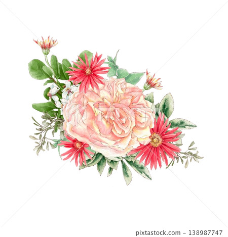 Watercolor illustration of a bouquet of delicate roses and other flowers, hand-drawn. Watercolor illustration of a bouquet of delicate roses and other flowers, hand-drawn. 138987747