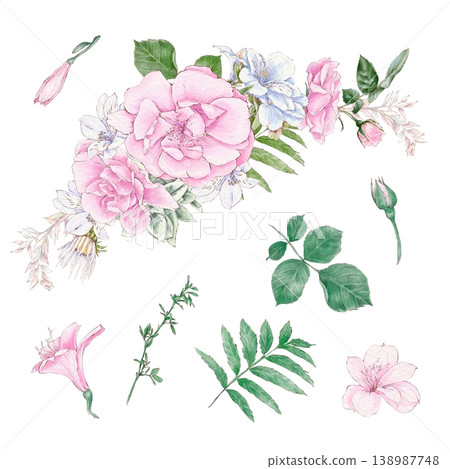 Watercolor illustration of a bouquet of delicate roses and other flowers, hand-drawn. Watercolor illustration of a bouquet of delicate roses and other flowers, hand-drawn. 138987748