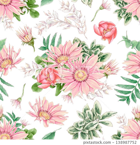 Watercolor illustration of a seamless pattern of delicate flowers and leaves, roses, and daisies. Hand-drawn. 138987752