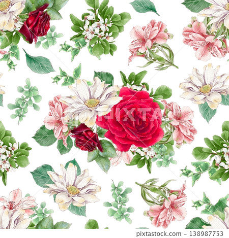 Watercolor illustration of a seamless pattern of delicate flowers and leaves, roses, and daisies. Hand-drawn. Watercolor illustration of a seamless pattern of delicate flowers and leaves, roses, and daisies. Hand-drawn. 138987753