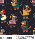 Playful seamless pattern with cute cartoon dogs singing, reading, and listening to music. Whimsical flat style with musical notes, cozy outfits, and soft textures perfect for kids products, textiles 138987776