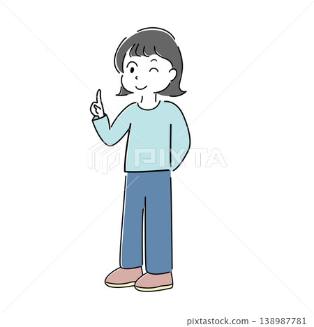 一個簡單的插圖，描繪了一位微笑、眨眼並指向前方的女士（用於指導、說明要點和角色素材圖片）。 138987781