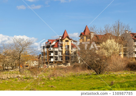 houses in bansko resort, bulgaria blooming trees houses in bansko resort, bulgaria blooming trees 138987785