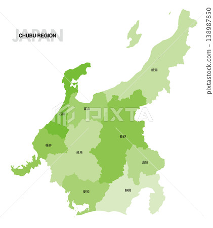 【日本地圖】中部地區位置圖，標示各都道府縣名稱 138987850
