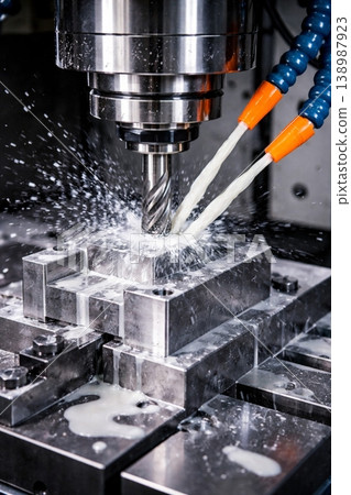 CNC milling machine processing on steel with cooling 138987923