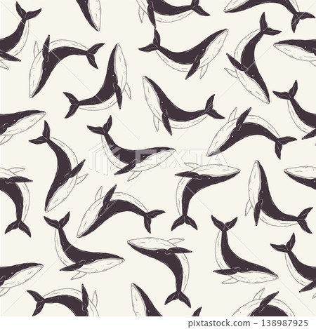 Vintage hand-drawn seamless pattern with blue whale. Vintage hand-drawn seamless pattern with blue whale. 138987925