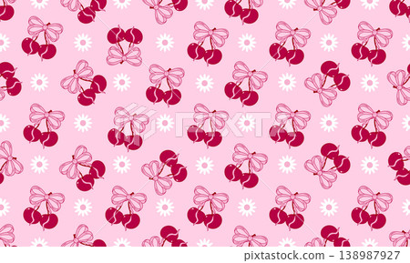 Vintage hand-drawn coquette seamless pattern with cherries and bows. Designed for wrapping paper, packaging, fabric, and textiles. Vector illustration. 138987927