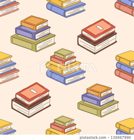 Hand-drawn seamless pattern with stacked books. Perfect for educational projects, school supplies, wrapping paper, packaging, and stationery. Vector illustration. Hand-drawn seamless pattern with stacked books. Perfect for educational projects, school supplies, wrapping paper, packaging, and stationery. Vector illustration. 138987990
