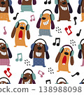A playful seamless pattern featuring cartoon dogs wearing headphones, surrounded by musical notes in a bright and modern flat style 138988098