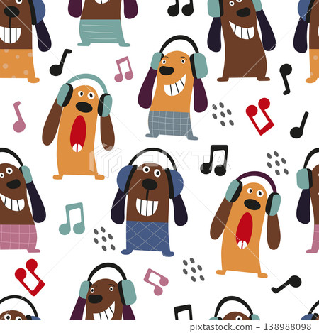 A playful seamless pattern featuring cartoon dogs wearing headphones, surrounded by musical notes in a bright and modern flat style A playful seamless pattern featuring cartoon dogs wearing headphones, surrounded by musical notes in a bright and modern flat style 138988098