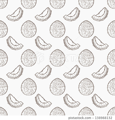 Vector hand-drawn seamless pattern with coconut . Monochrome ink outline vector icon. Perfect for tropical design, packaging, branding, summer prints, and organic product labels. 138988132