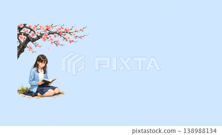 一位女孩在梅樹下讀書，背景是藍天；這是一幅以春天為主題的日本插畫，巧妙地運用了留白。 138988134
