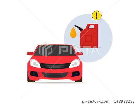 Red car with gas can icon and warning symbol, indicating low fuel or refueling needed Red car with gas can icon and warning symbol, indicating low fuel or refueling needed 138988283