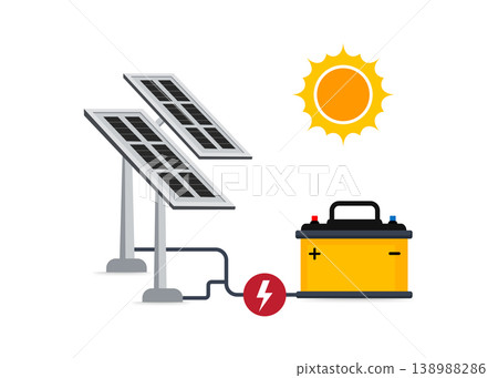Solar panels charging a battery with the sun above, depicting the concept of renewable energy, vector illustration, stock illustration Solar panels charging a battery with the sun above, depicting the concept of renewable energy, vector illustration, stock illustration 138988286