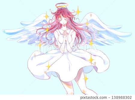 一位雙手交疊於胸前的神秘女子;一位天使;閃閃發光。 一位雙手交疊於胸前的神秘女子;一位天使;閃閃發光。 138988302