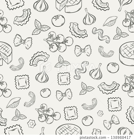 Hand-drawn seamless pattern with Italian food elements: tomatoes, pasta, cheese. 138988417