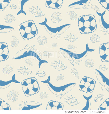 Seamless marine pattern with hand-drawn whales, seashells, and lifebuoys. Seamless marine pattern with hand-drawn whales, seashells, and lifebuoys. 138988509
